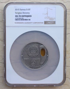 NGC MS70 Antiqued 2015 Samoa 2oz Silver with Amber Coin- Tsingtao Brewery - Beer - Picture 1 of 4