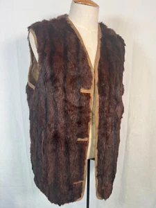 VTG Brown Suede Genuine Rabbit Fur Double Sided Vest Pockets Made in Canada Sz L - Picture 1 of 16