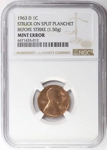 1963-D Lincoln Memorial Cent Struck on Split Planchet NGC Mint Error 1c - Picture 1 of 4