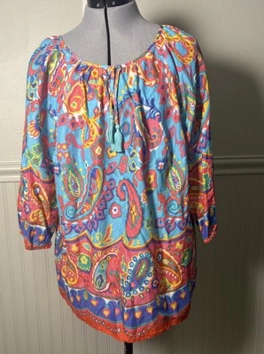 Camisa Top Talbots Mujer Grande Plus 1X Colorida Floral Paisley Borla Boho Foto 1 de 4