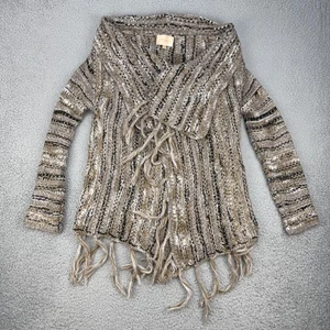 Skies Are blu cardigan donna beige medio frange aperto davanti scialle colletto boho - Foto 1 di 10