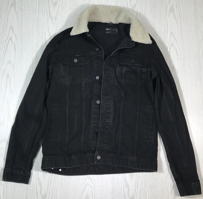 ASOS Design Denim Jacket Men XL Tall Black Sherpa Lined Collar 100% Cotton Retro - Image 1 of 4