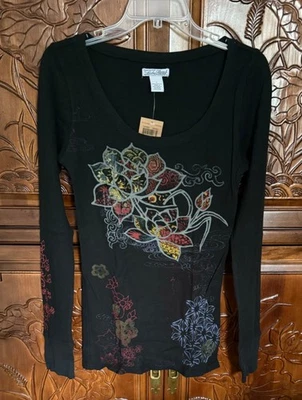 NWT Lucky Brand Asian Art Lotus Flower Print Thermal Top Size L RT $99 - Image 1 of 3