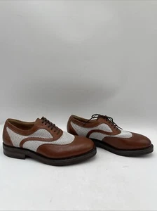 Salvatore Ferragamo Brown Leather/White Fabric Round Toe Lace Up Oxfords Men 6EE - Picture 1 of 8