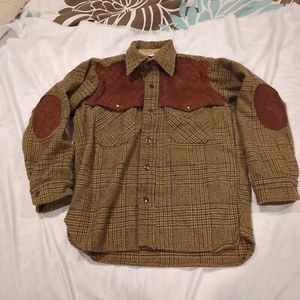 VTG Woolrich Shirt Mens Medium Wool Shooting Snap Shacket Suede Elbow Patch 70s - Picture 1 of 7