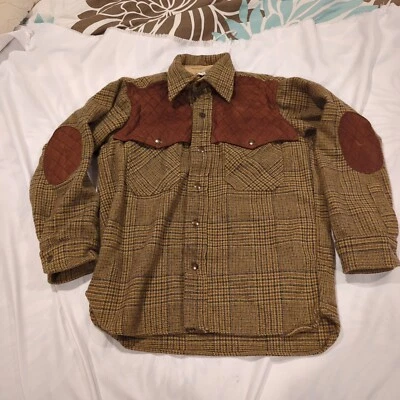 VTG Woolrich Shirt Mens Medium Wool Shooting Snap Shacket Suede Elbow Patch 70s - Image 1 of 4