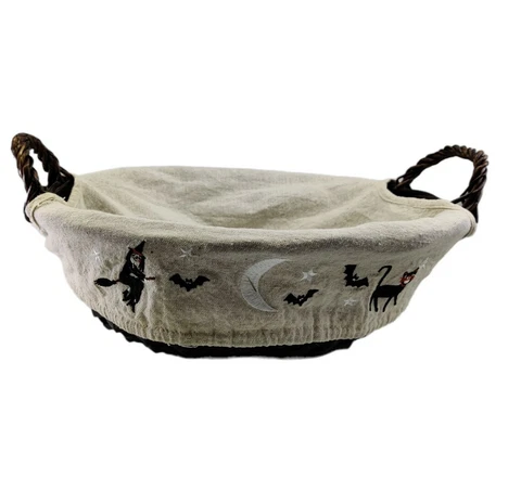 Halloween Treat Wicker Basket Cloth Liner Weaved Witch Bat Black Cat Cover