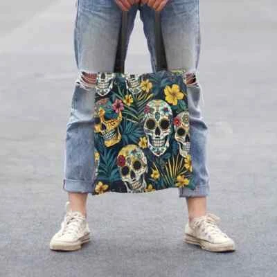 NEW Sugar Skull Floral Gothic Polyester Weave Tote Book Shopper Bag 13.7" 15.7" - Image 1 of 4