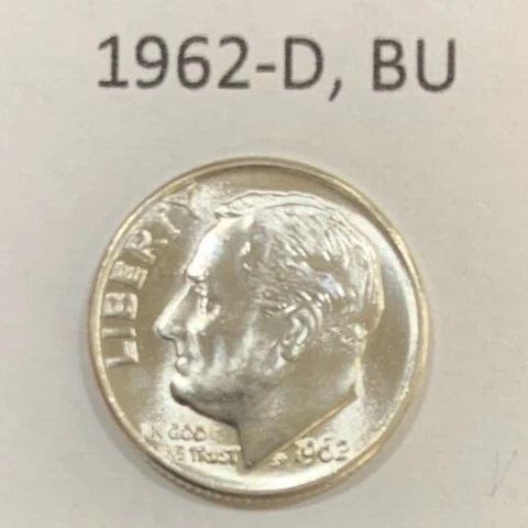 1962 D Roosevelt Dime BU ~ 90% Silver ~ Uncirculated U.S. Coin from Roll ~ D2198 Cover