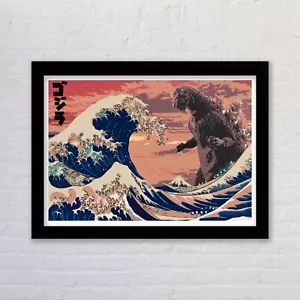 Framed Godzilla and the Great Wave Poster Print Re-imagined Poster Print Artwork - Picture 1 of 12