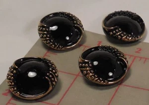 3 Vintage Czech Glass Shank Button Jet Black Gold Rolled Edge Design27mm 1" 1017 - Picture 1 of 9