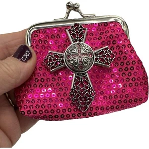 Pink Sequin Coin Purse Silver Cross & 18mm Pink Cross Ginger Snap Button Jewelry - Picture 1 of 13
