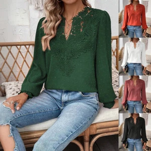 Women Lace V-Neck Long Sleeve Solid T-Shirt Ladies Casual Tunic Tops Pullover US - Picture 1 of 22