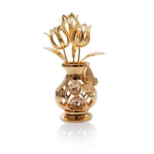 24K Gold Plated Tulips w/Butterfly In A Vase Ornament Made with Matashi Crystal - Picture 1 of 1