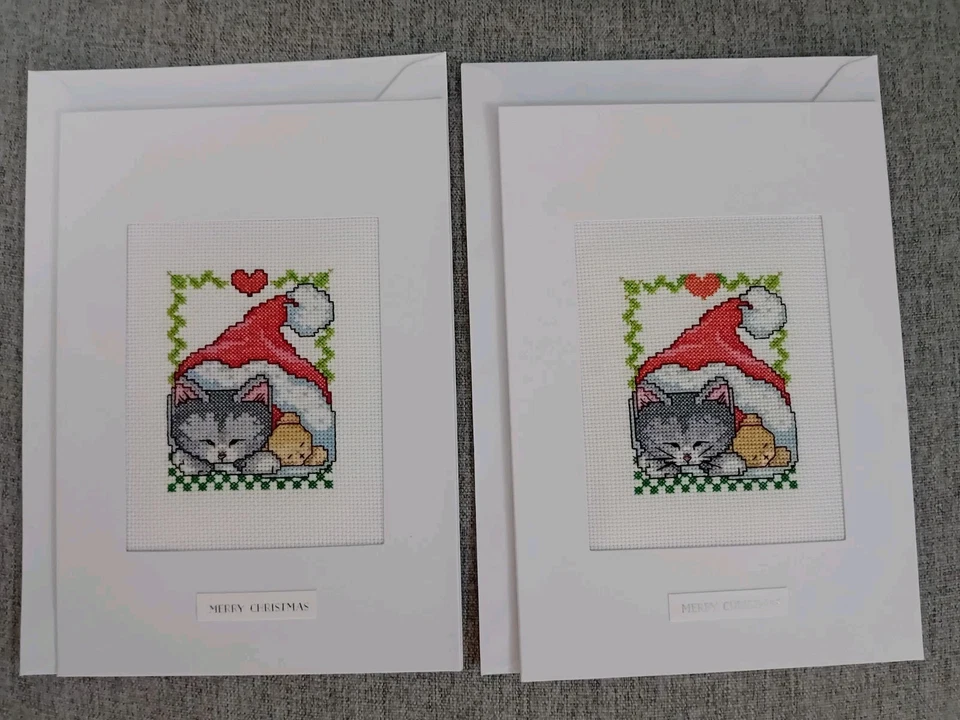 TWO charming large Completed Cross Stitched Christmas Cards - kitten and teddy - Image 1 of 3
