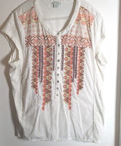 Sundance XL Women's Top Cream Embroidered Cap Sleeves Cotton Western Boho    - Picture 1 of 11