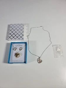 3SET: MAMA WUNDERSCHÖNES FUNKELNDES HERZ SILBER HALSKETTE OHRRINGE SET 18" GOLD DETAIL - Bild 1 von 10