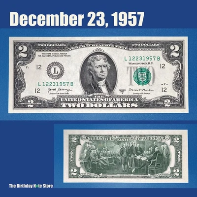 December 23, 1957 Birthday Anniversary $2 Two Dollar Bill Serial Number 12231957 - Image 1 of 2