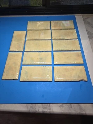 ANTIGUA CERÁMICA ARTÍSTICA 3 X 6 - SIN MARCA 12 PIEZAS-PATRÓN-CREMA CON TOQUES DE AZUL-ORO-LD Foto 1 de 4