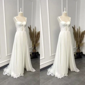 Chiffon Wedding Dresses Front Slit Sleeveless A Line Ruched Bridal Gowns - Picture 1 of 10