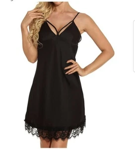 Lace Sleepwear Women Lingerie Satin Nightgown Sexy V-Neck Silk Chemise Full Slip - Picture 1 of 7