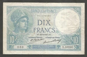 Frankreich 10 Francs 22.4.1927; ss; P-73d; BNB-B953d; Minerva; "Caissier Principal" - Bild 1 von 2