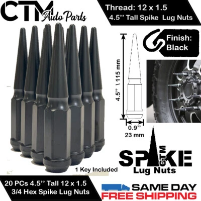 20PC BUICK 4.5'' TALL BLACK 12X1.5 WHEEL SPIKE LUG NUTS +KEY FOR BUICK MODELS - Image 1 of 2