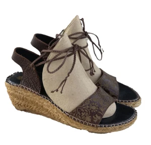 Eric Michael Espadrille Wedge Brown Floral Leather Lace Up Sandal Women 41 US 10 - Picture 1 of 12