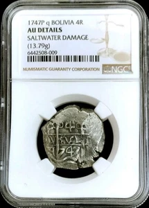1747 POTOSI Q SILVER BOLIVIA 4 REALES FERDINAND VI CROWNED PILLARS COB NGC AU - Picture 1 of 2