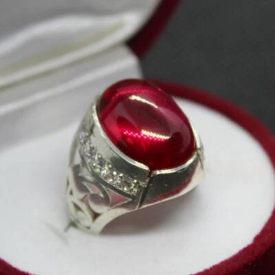 Lab Created Ruby Cabochon Men Ring Roby Ring Yaqut Ring Ring Handmade Ring - Image 1 of 4