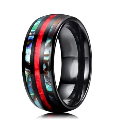 Anillo de banda de 8 mm con incrustaciones de ópalo de fuego y abulón rojo capa negra pulida de acero inoxidable Foto 1 de 3