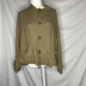 FLAX by Jeanne Engelhart VTG Oversized Plaid Linen Jacket Lagenlook Button S - Picture 1 of 7