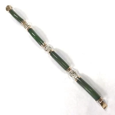 Brazalete de oro amarillo de 14 quilates con piedras preciosas de jadeíta verde natural de 7" B80 Foto 1 de 4