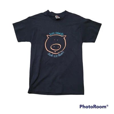 Vtg Love Animals Dont Eat Them Wild Wear Vegetarian Pig Shirt Sz Medium Black - Image 1 of 3