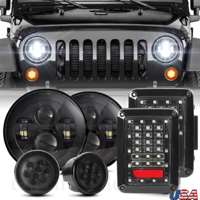 Juego de faros LED y luces traseras y luces de giro DOT 7" para Jeep Wrangler JK Foto 1 de 4