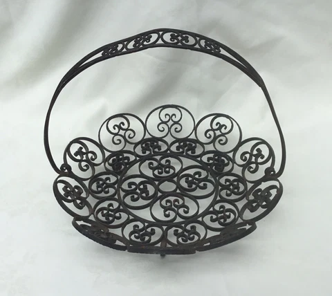 Vintage Black Ornate SCROLLED WROUGHT IRON BASKET WITH HANDLE Fruit Veg. Display Cover