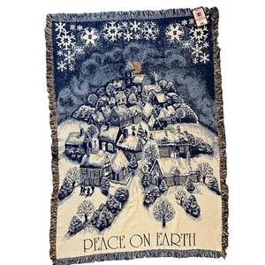 NWT The Rug Barn Throw Blanket Blue Night Village Peace on Earth Snow Church - Picture 1 of 9