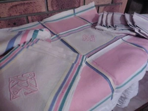 ALTE TISCHDECKE + 12 HANDTÜCHER REINES LEINEN CREME ROSA BLAU GELB GRÜN MONO "RL" - Bild 1 von 14