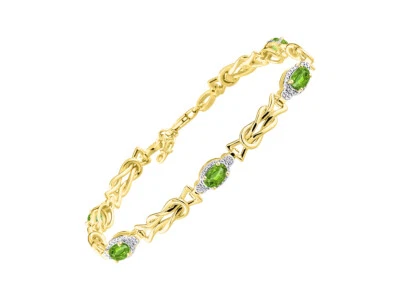 RYLOS PERIDOT & DIAMOND TENNIS BRACELET YELLOW GOLD PLATED SILVER 7-8"  - Image 1 of 4