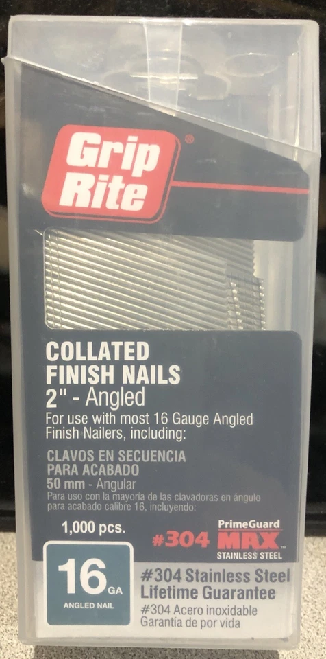 Grip Rite MAXB6486 304-SS 16ga 2” clavos angulares en caja de clip para cinturón paquete de 1000 Foto 1 de 1