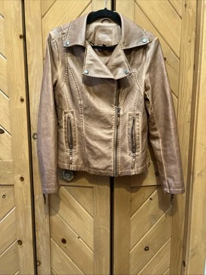 Max Studio 女式人造皮革夹克中号棕色全拉链摩托车前卫夹克 — 第 1/4 张图片