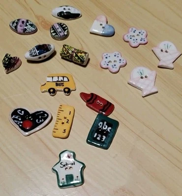 Lot Of 17 Vintage Ceramic Novelty Buttons School Tribal Cottage  - Image 1 of 4