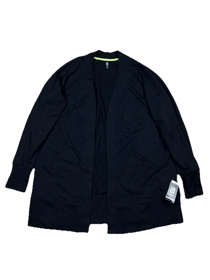 Cárdigan suéter negro ID Ideology para mujer talla grande 1X cómodo flujo frente abierto Foto 1 de 4