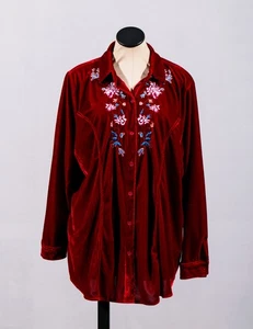 Woman Within Embroidered Burgundy Button Up Long Sleeve Velvet Tunic Shirt Sz M - Picture 1 of 5