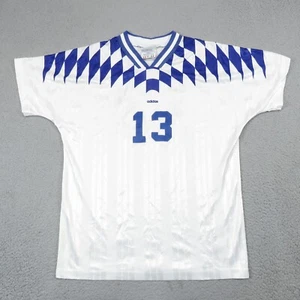 VINTAGE Adidas Soccer Jersey Mens Large Made in USA Dazzle Checkered White Blue - Picture 1 of 13