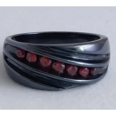 Anel masculino de 7 pedras de ouro preto 14K granada vermelha criado em laboratório 1 CTW - Imagem 1 de 4