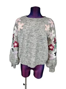 BNCI Gray Embroidered Daisy Oversized Wool Sweater Balloon Sleeves Size XS i74 - Picture 1 of 8