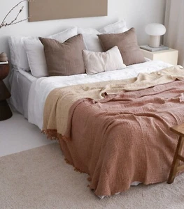 Cotton Muslin Throw Blanket King Queen Bedspread Gauze Coverlet California Brown - Picture 1 of 9
