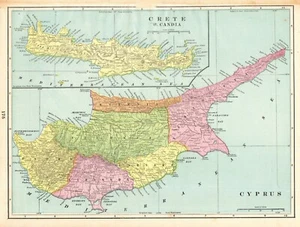 1888 Antique CYPRUS and CRETE Map George Cram Atlas Map of Crete Greece 9499 - Picture 1 of 4