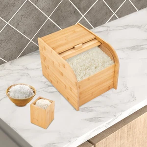 Bamboo Rice Storage Container With Lid Tabletop Store Receptacle With Rice Cup - Picture 1 of 12